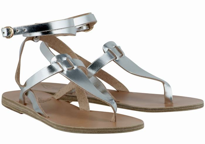 Silver Women Ancient Greek Sandals Estia Leather Ankle Strap Sandals | IEO9768ZE