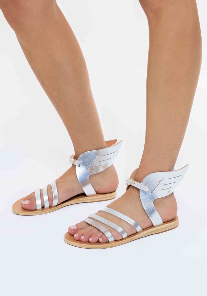 Silver Women Ancient Greek Sandals Ikaria Leather Ankle Strap Sandals | ROA258OU