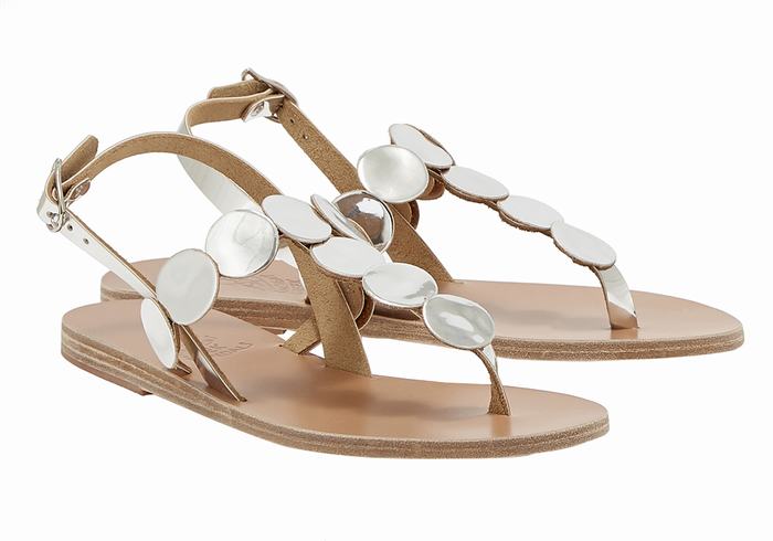 Silver Women Ancient Greek Sandals Ilios Flip Flop Leather Back-Strap Sandals | FBG10045EC