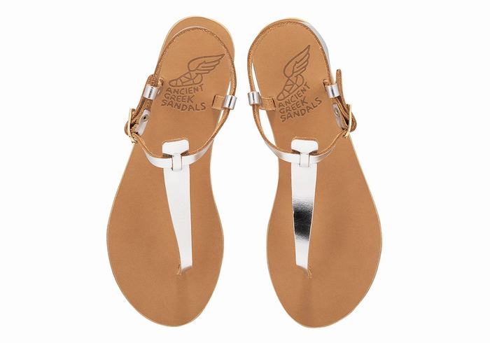 Silver Women Ancient Greek Sandals Lito Flip Flop Leather Back-Strap Sandals | MUJ8839GP