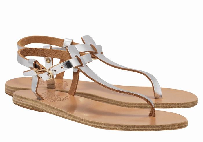 Silver Women Ancient Greek Sandals Lito Flip Flop Leather Back-Strap Sandals | MUJ8839GP