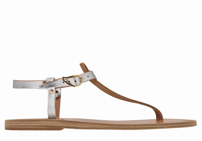 Silver Women Ancient Greek Sandals Lito Flip Flop Leather Back-Strap Sandals | MUJ8839GP