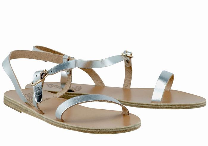 Silver Women Ancient Greek Sandals Niove Leather Back-Strap Sandals | FMT918UA