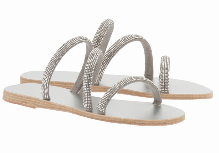 Silver Women Ancient Greek Sandals Polytimi Diamante Slide Sandals | TAR3842GS