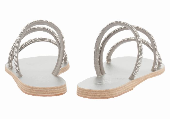 Silver Women Ancient Greek Sandals Polytimi Diamante Slide Sandals | TAR3842GS