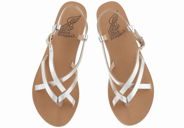 Silver Women Ancient Greek Sandals Semele Leather Back-Strap Sandals | FKC8413OH