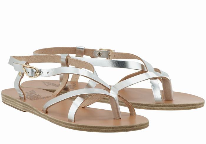 Silver Women Ancient Greek Sandals Semele Leather Back-Strap Sandals | FKC8413OH