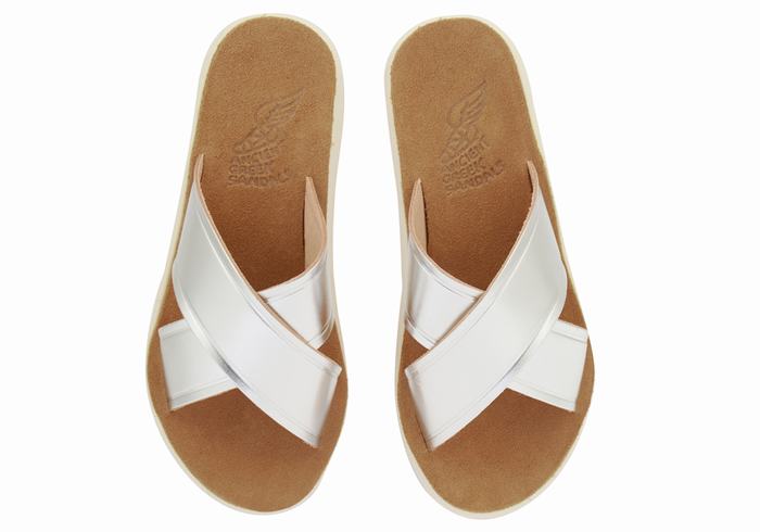 Silver Women Ancient Greek Sandals Thais Comfort Slide Sandals | IPE7317SE