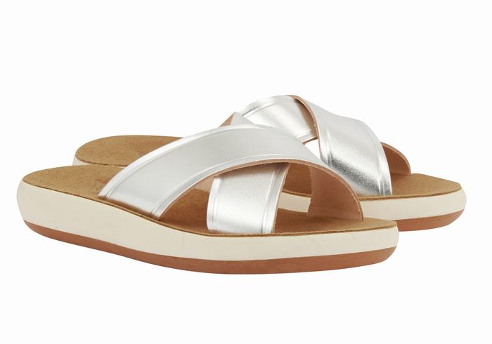 Silver Women Ancient Greek Sandals Thais Comfort Slide Sandals | IPE7317SE