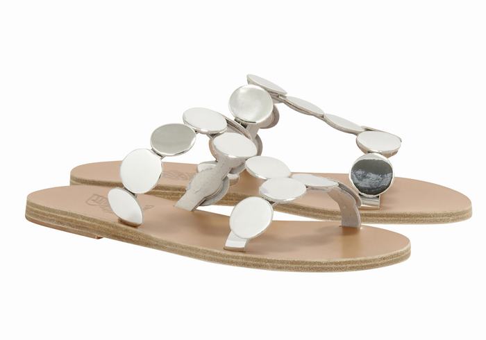 Silver Women Ancient Greek Sandals Uranos Leather Slide Sandals | FUQ8323KF